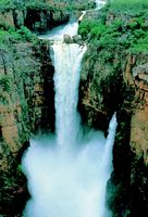 Jim Jim Falls roaring at the peak of the wet season.