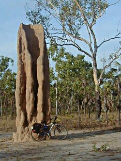 Bike leaning against termite hill in Lichfield National Park
