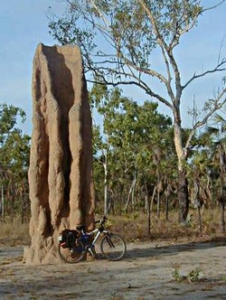 Bike leaning against termite hill in Lichfield National Park Bike leaning against termite hill in Lichfield National Park